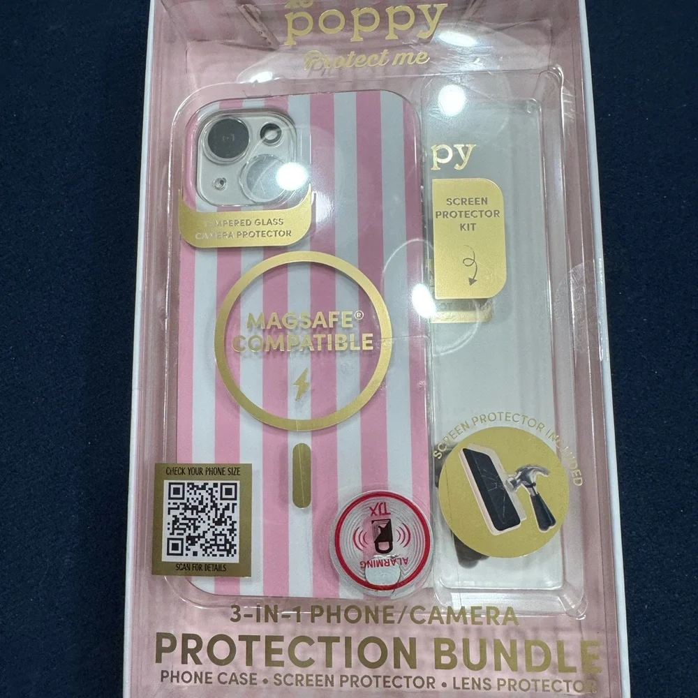XO POPPY pink striped iPhone 15/14/13 case & 3 in 1 Protection Bundle🩷🤍🩷